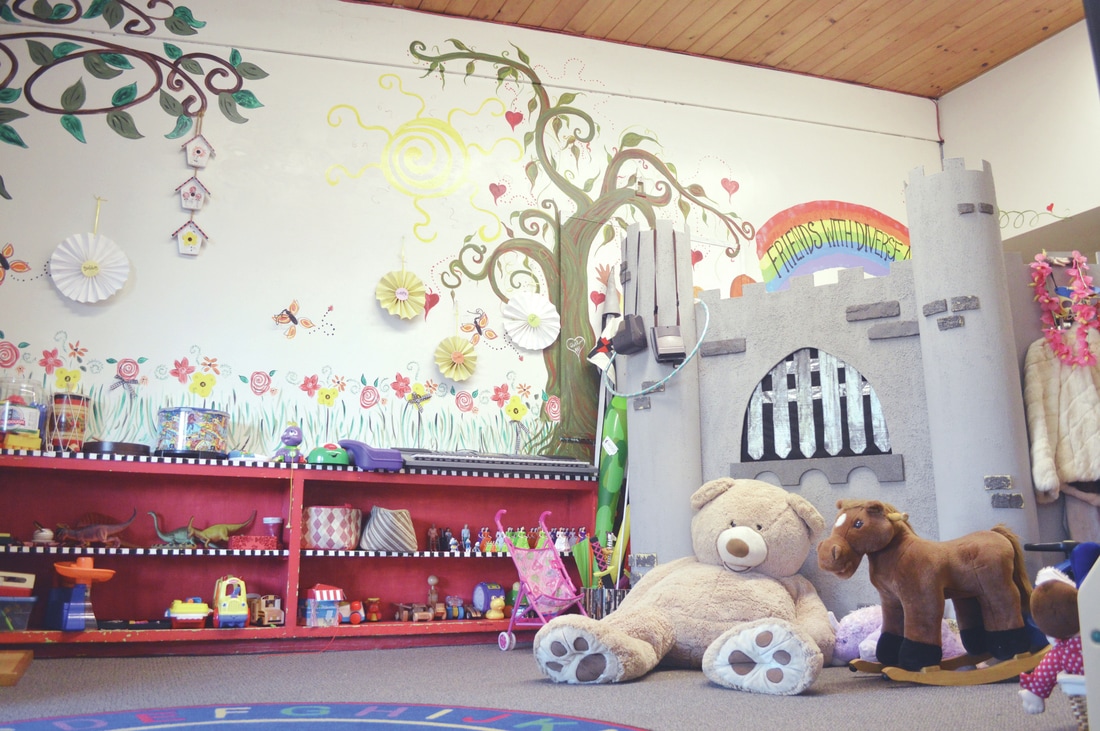 Whimsical classroom with castle and stuffed animals